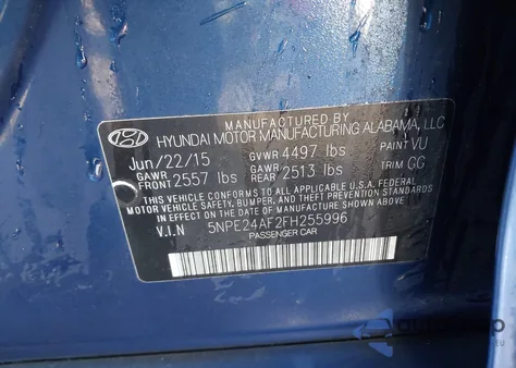 2015 Hyundai Sonata Se z USA, uszkodzony, nr VIN 5NPE24AF2FH255996